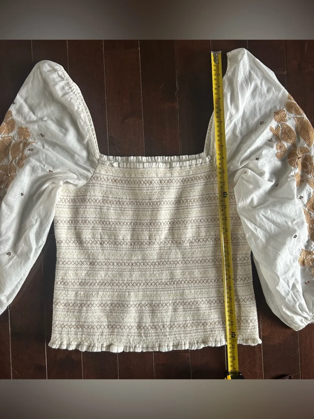 NWT Anthropologie Smocked Embroidered Puff Sleeve Square Neck Top Large